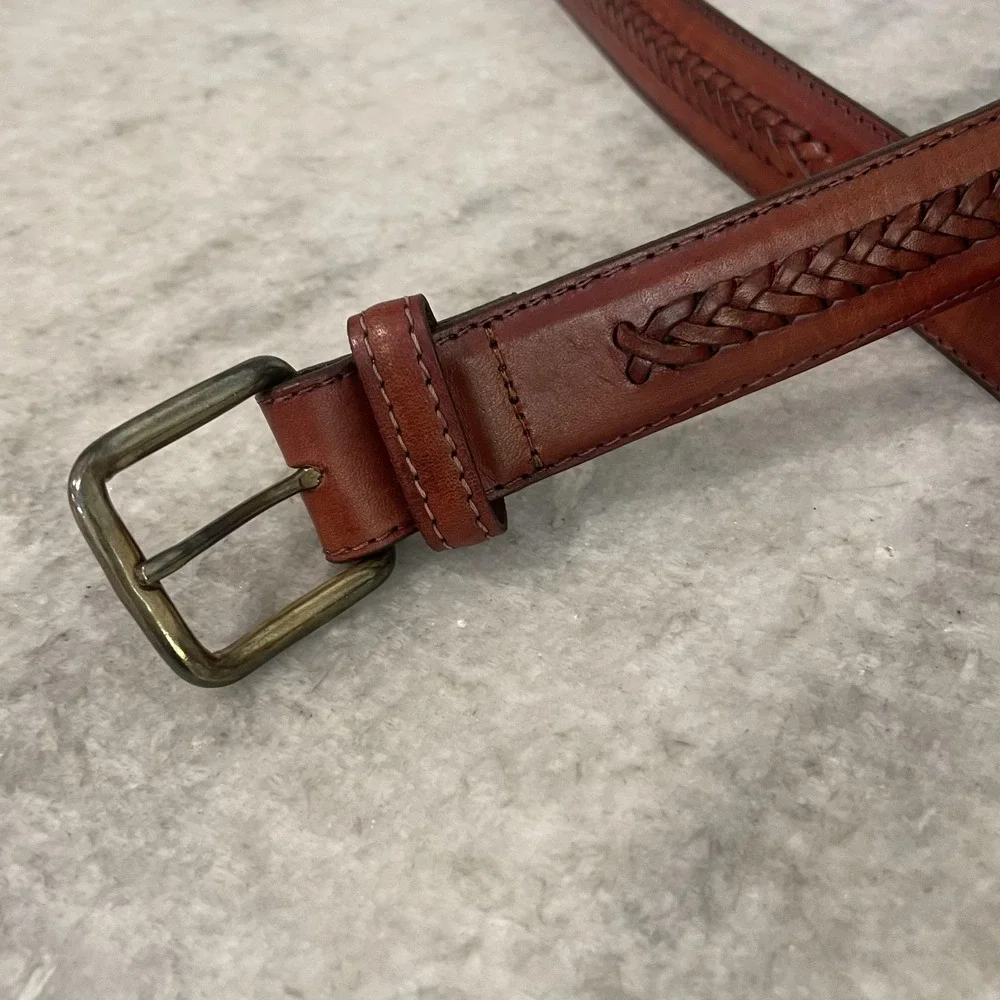 Western Braided Leather Belt Mens 42 Brown Full Grain Cowhide Brass Buckle